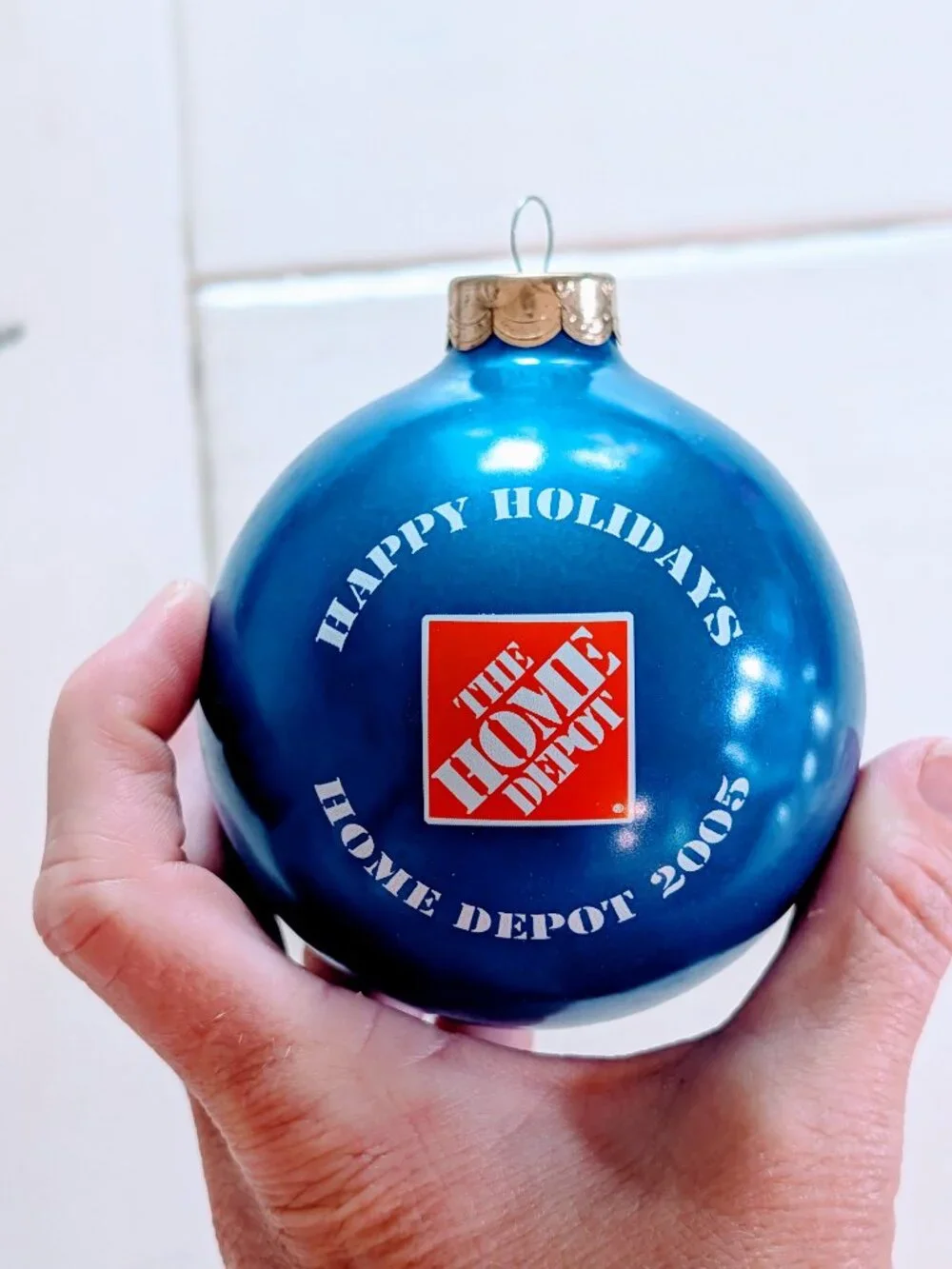 VTG 2005 Home Depot Blue Glass Ball Christmas Ornament Snowman USA Boxed Holiday